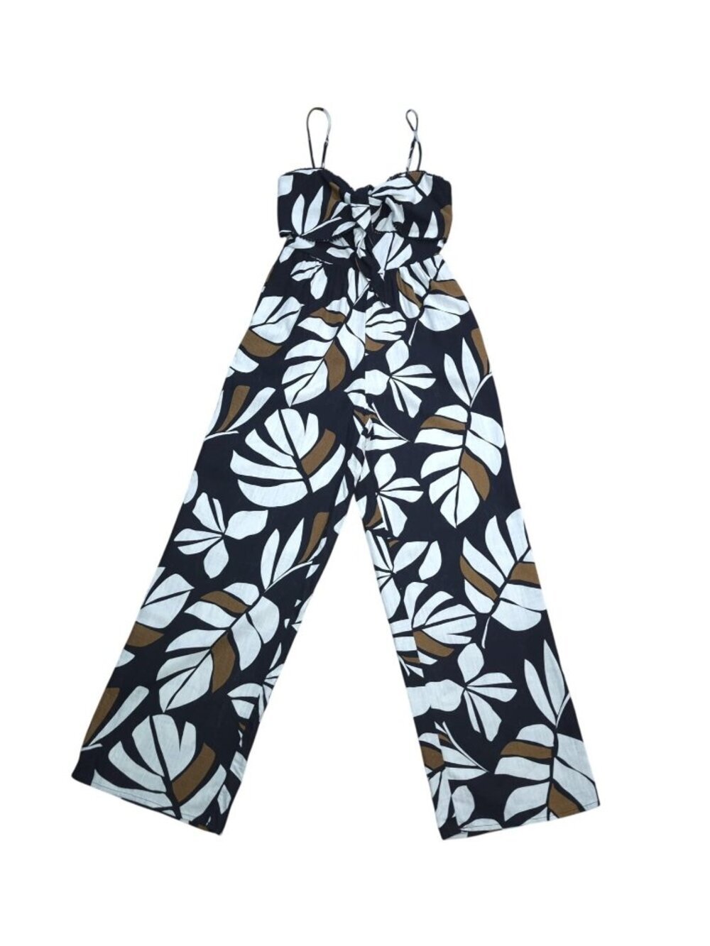 Audrey Parks Women’s Black White Leaf Print Jumpsuit Size S Linen Rayon Wide Leg